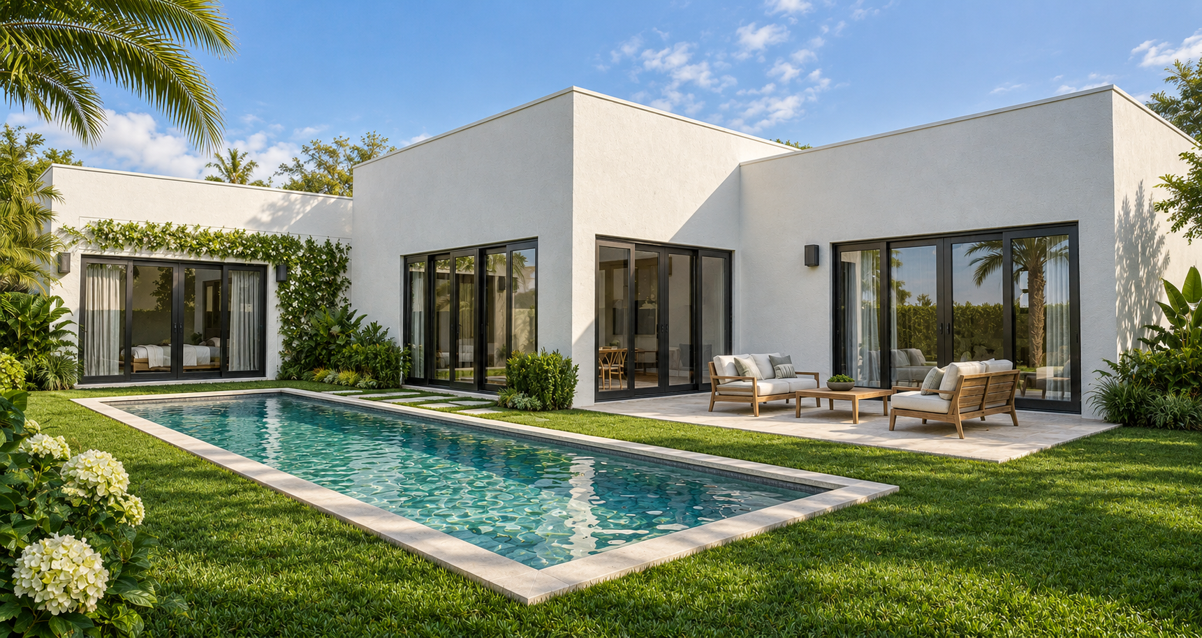 Architectural rendering of a modern pool courtyard in the SoSo area of West Palm Beach